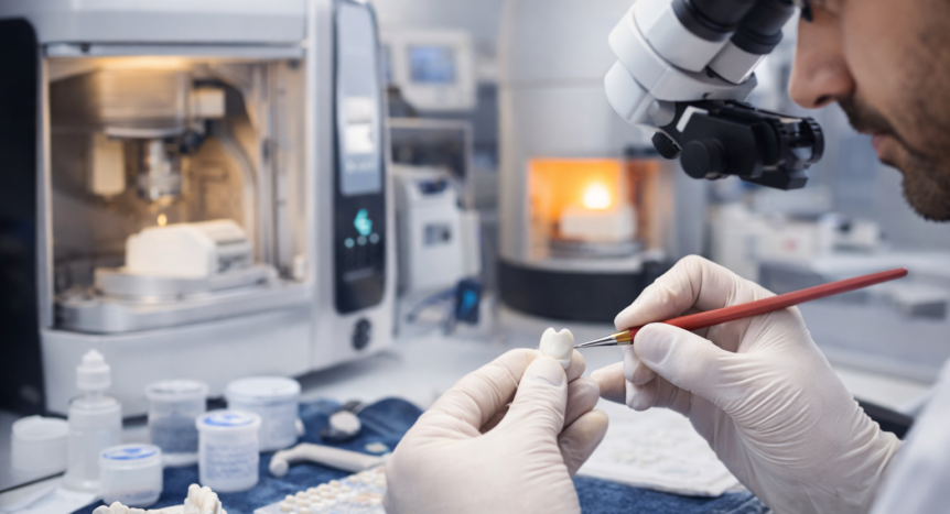 Dental laboratory technician working on a zirconia crown using CAD/CAM precision tools